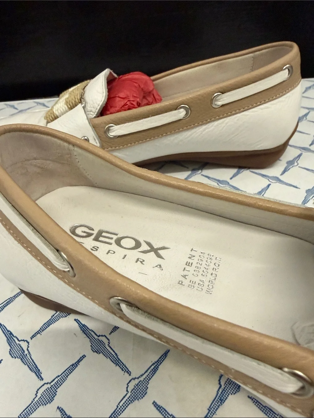 Geox White Leather Slip-On Loafers with Beige Strap and Red Lining